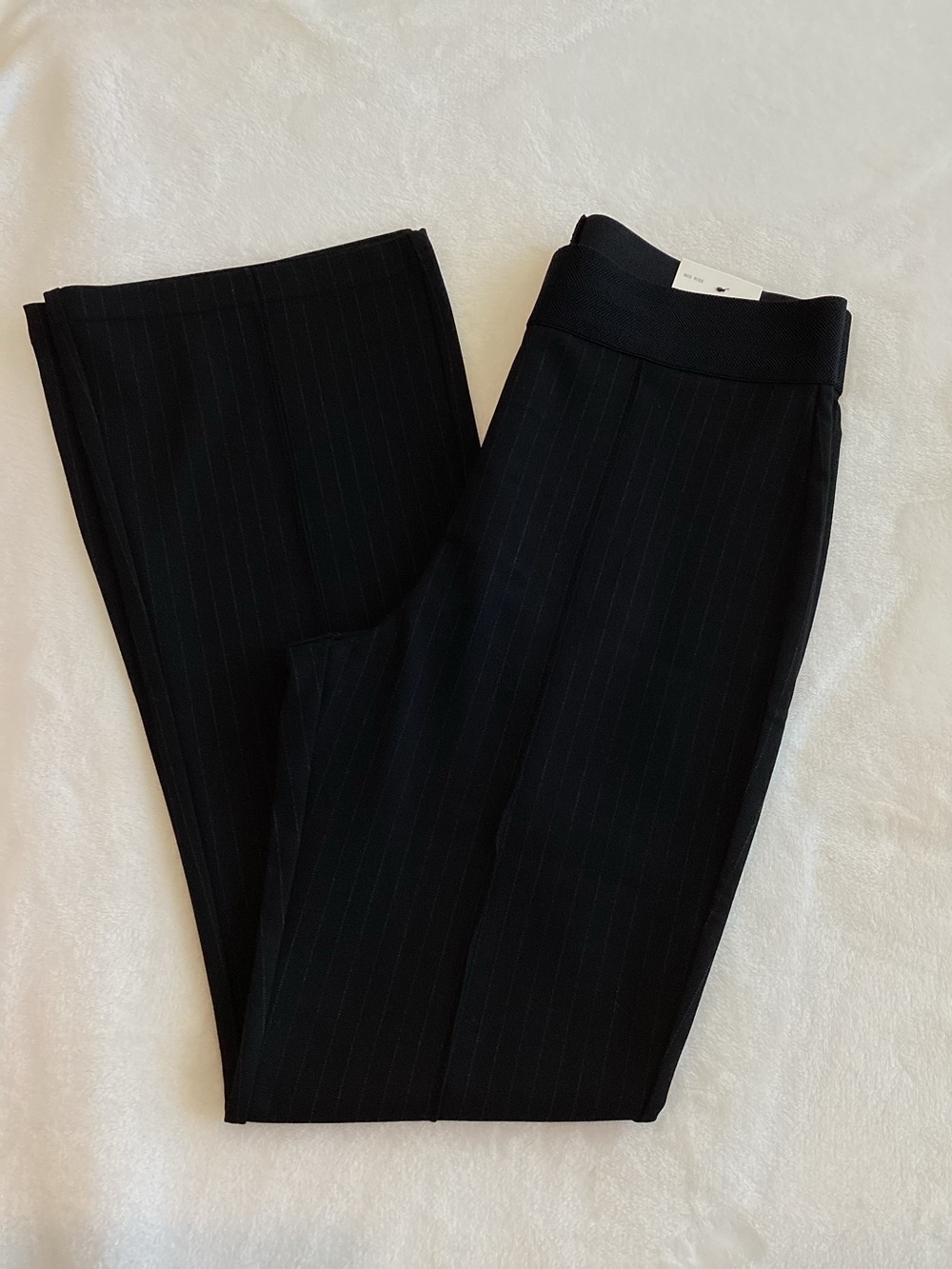 Zara High Rise Flare Pants Pull On Elastic Waist New Black Pinstripe